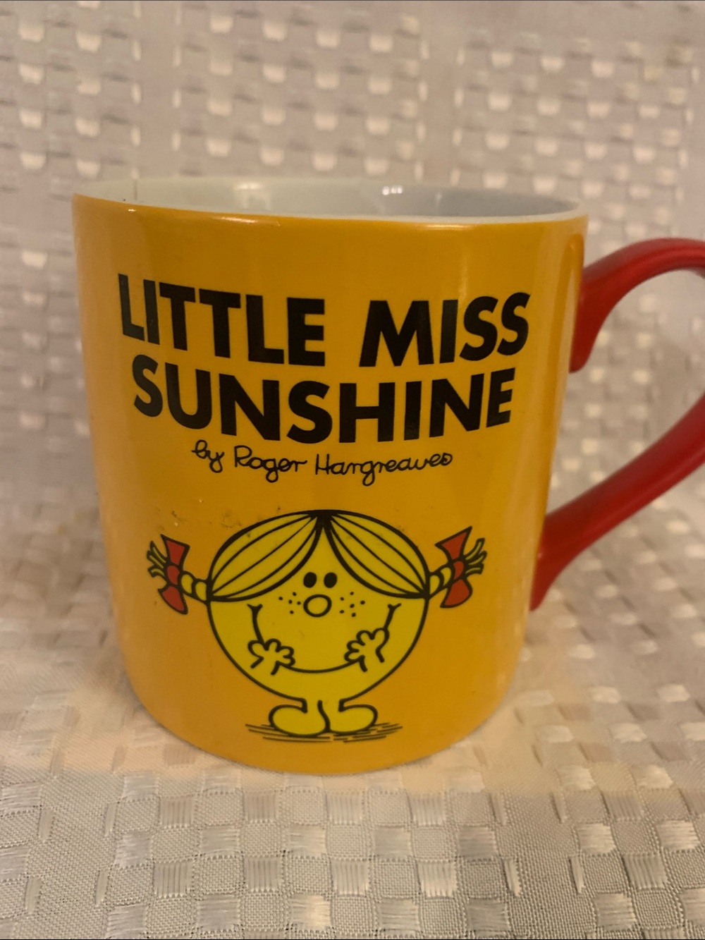 Little Miss Sunshine yellow and red mug, 3.5 inches tall.